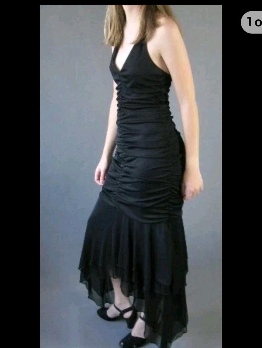 Vintage 90s Black Ruched Halter Maxi Dress Handkerchief Hem Witchy Whimsy M Y2K